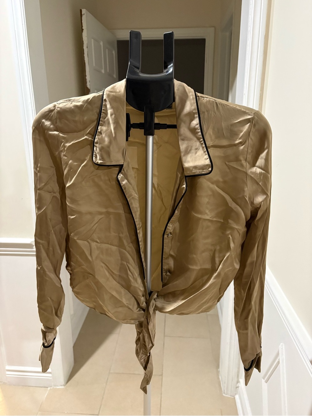 Wilfred Gold Satin 100% Cupro Boxy Fit Tie Front Blouse | Women's XS Luxury